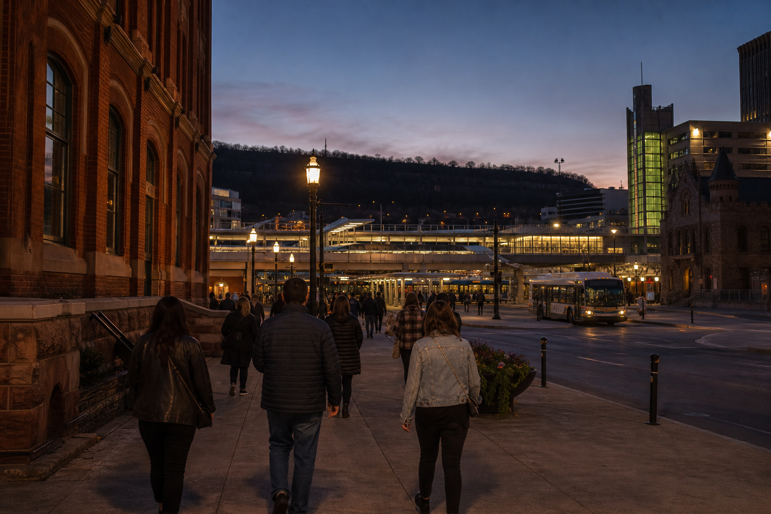 Concertgoers walking through downtown Hamilton toward a rail and bus interchange at dusk