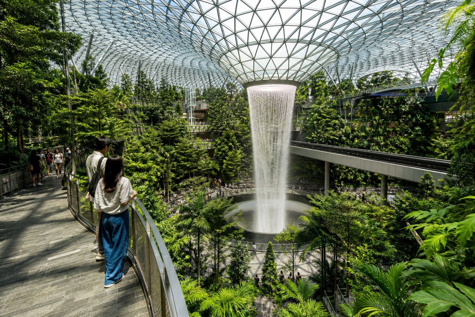 Travelers exploring an indoor tropical garden and waterfall at Singapore Changi Airport
