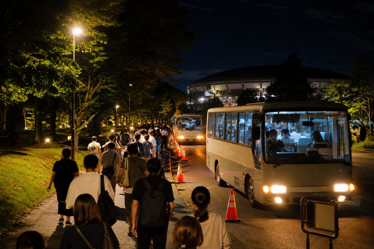 夜間觀眾在宮城體育館外等候前往利府站的公車