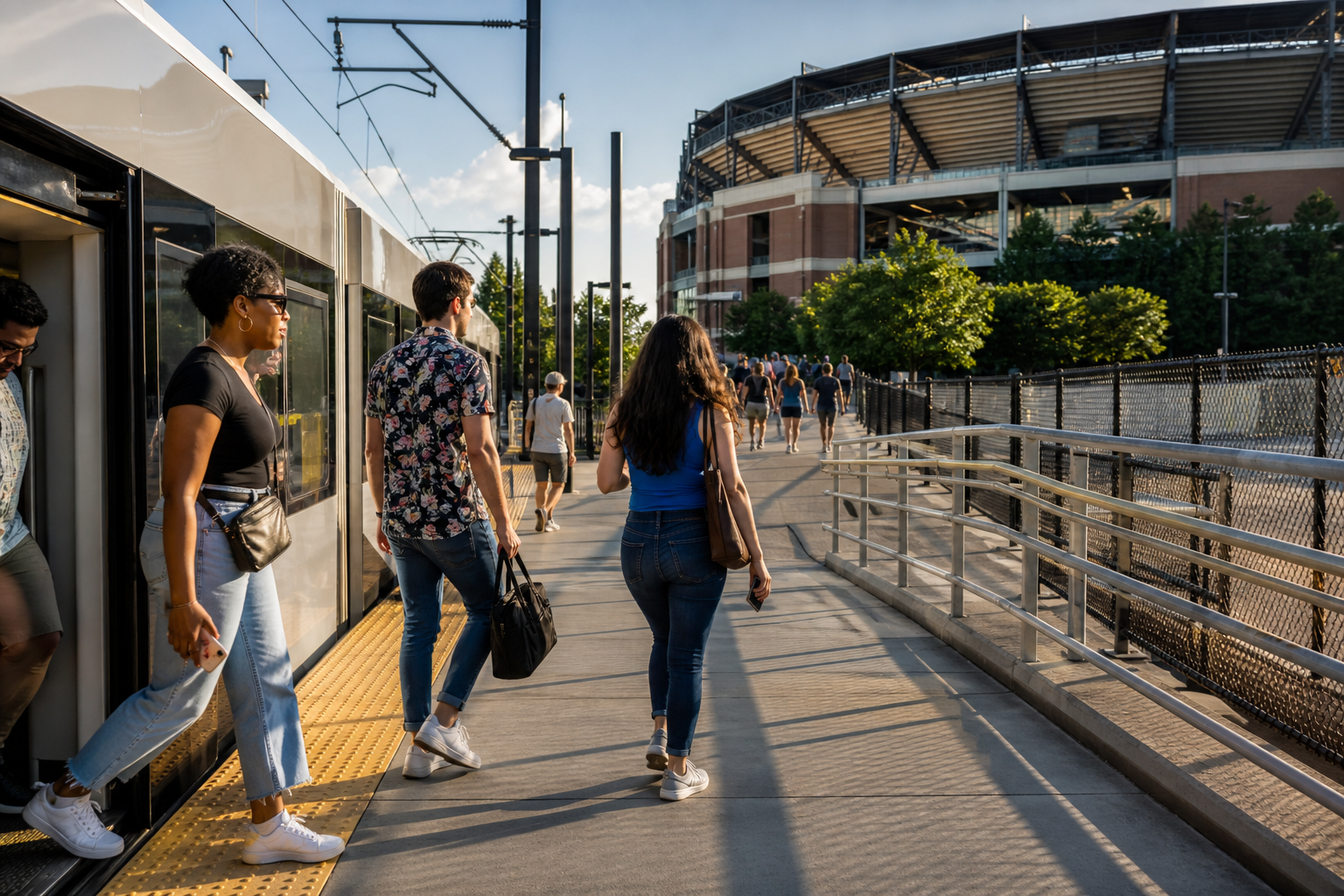在M&T Bank Stadium附近乘Light Rail抵达的观众