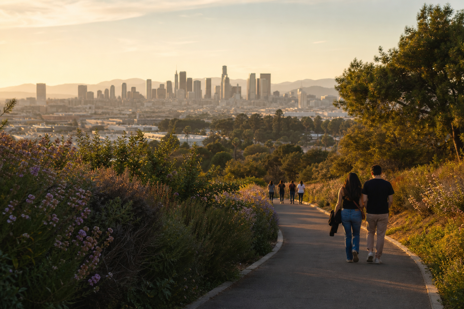 Travelers walking a Los Angeles hilltop park at golden hour with downtown skyline