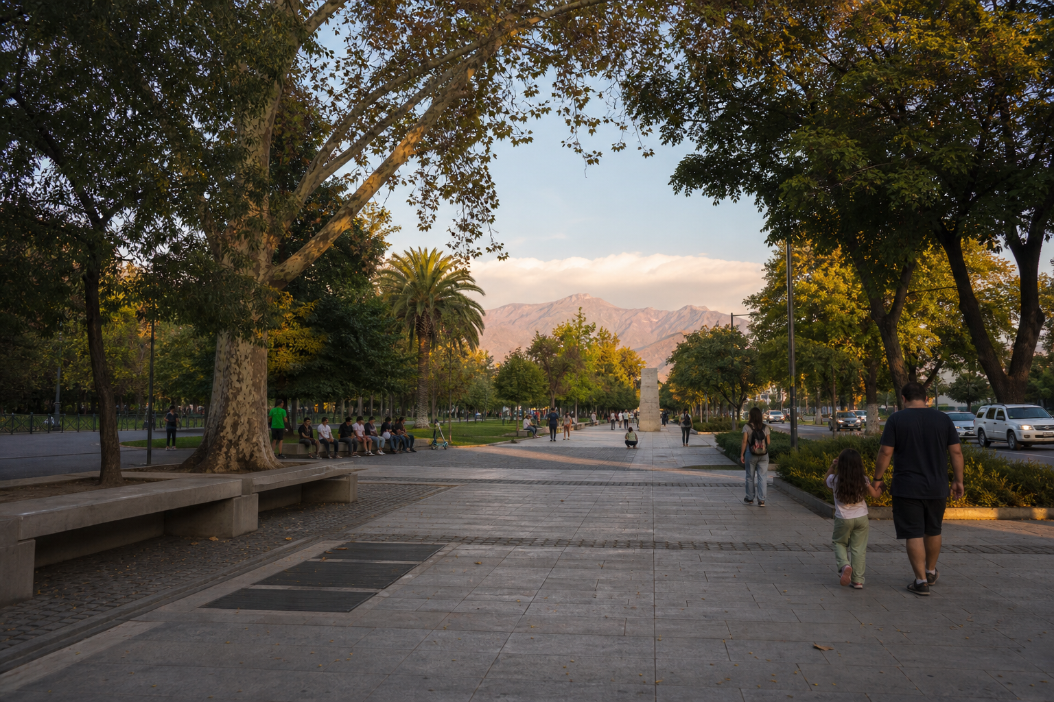 アンデスを望むSantiago Ñuñoaの並木広場を歩く来訪者