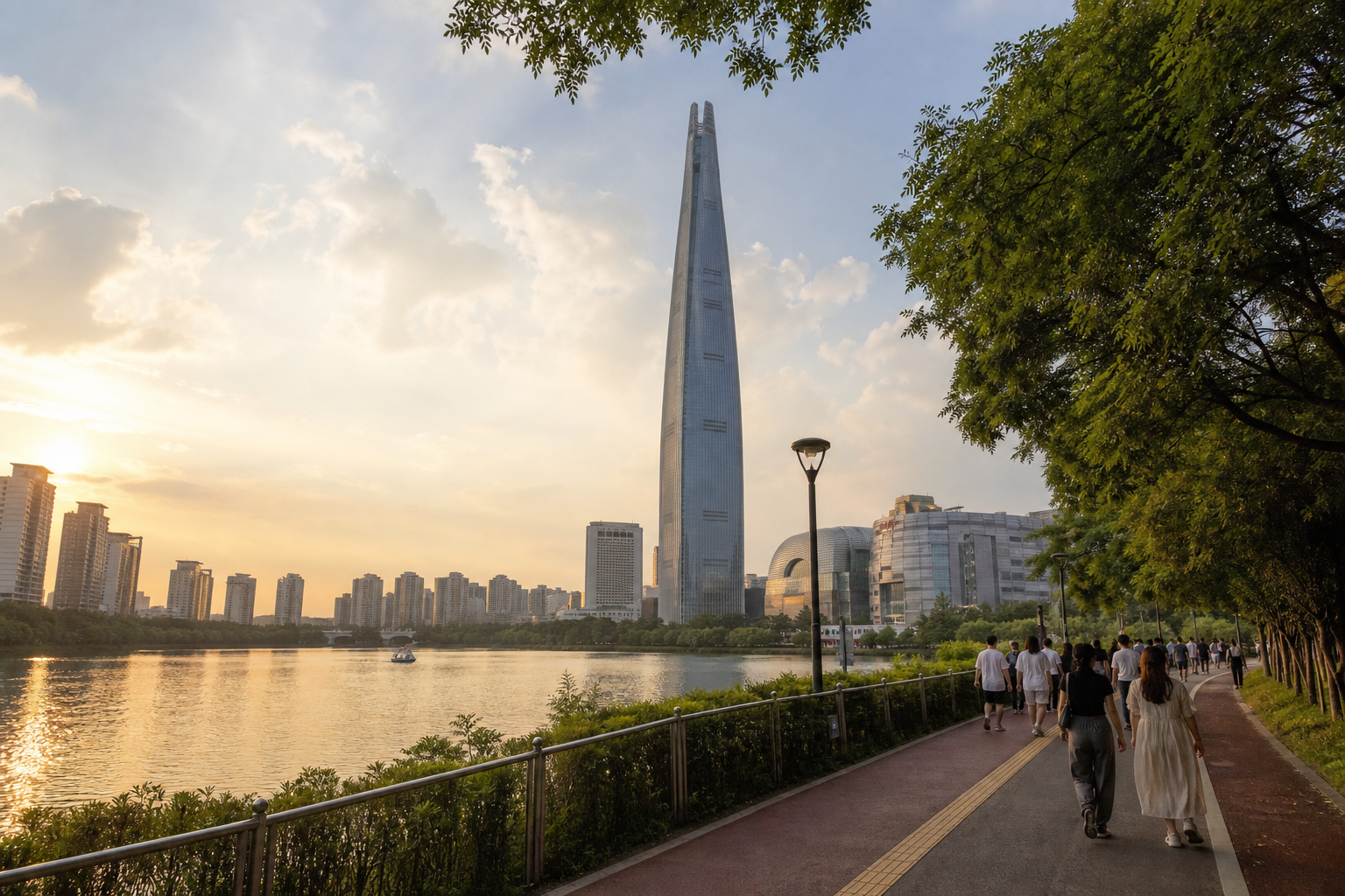 Travelers walking beside Seokchon Lake toward the Jamsil skyline before an evening concert