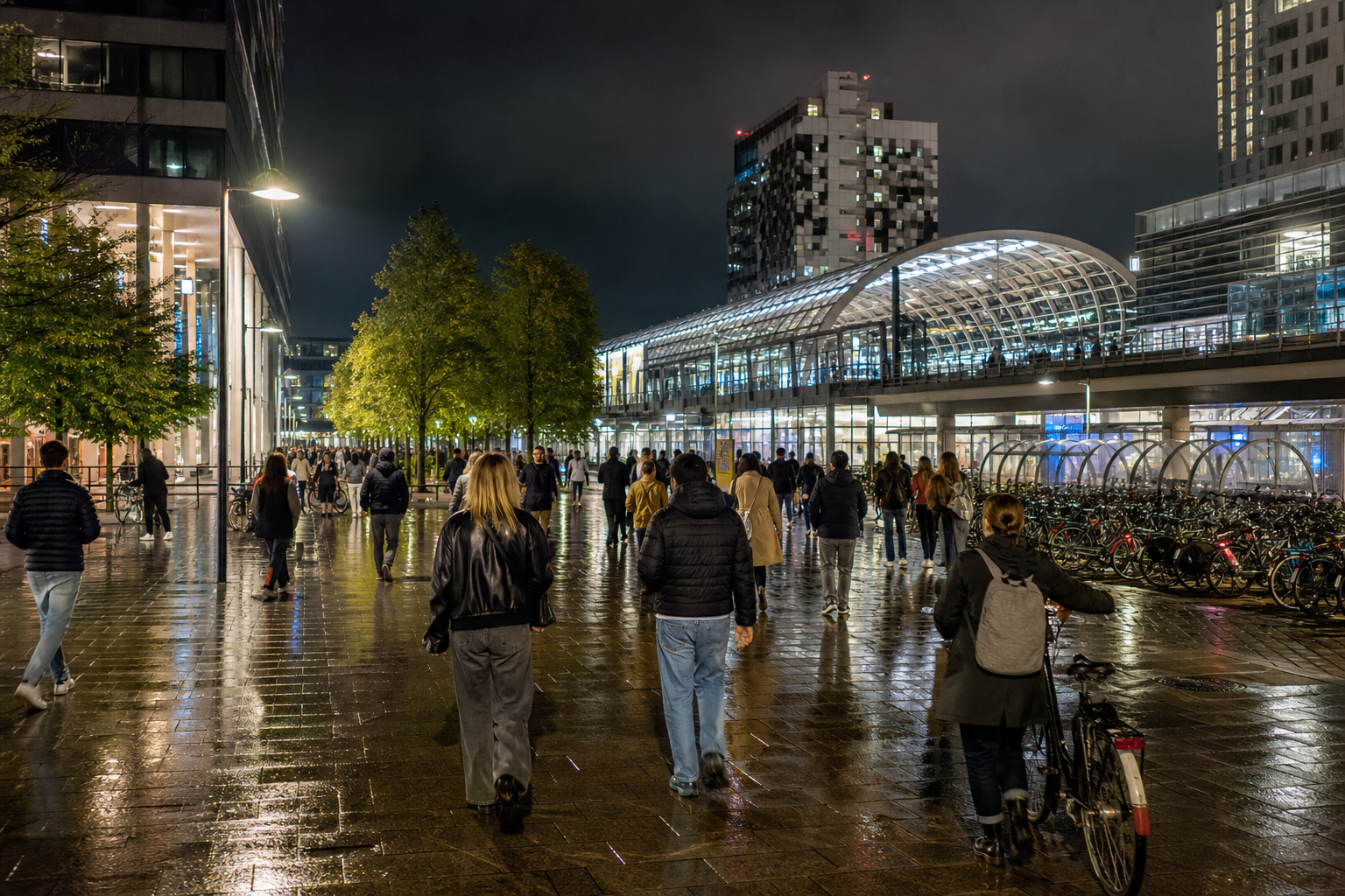 Concert visitors and bicycles walking toward Amsterdam Bijlmer ArenA station at night