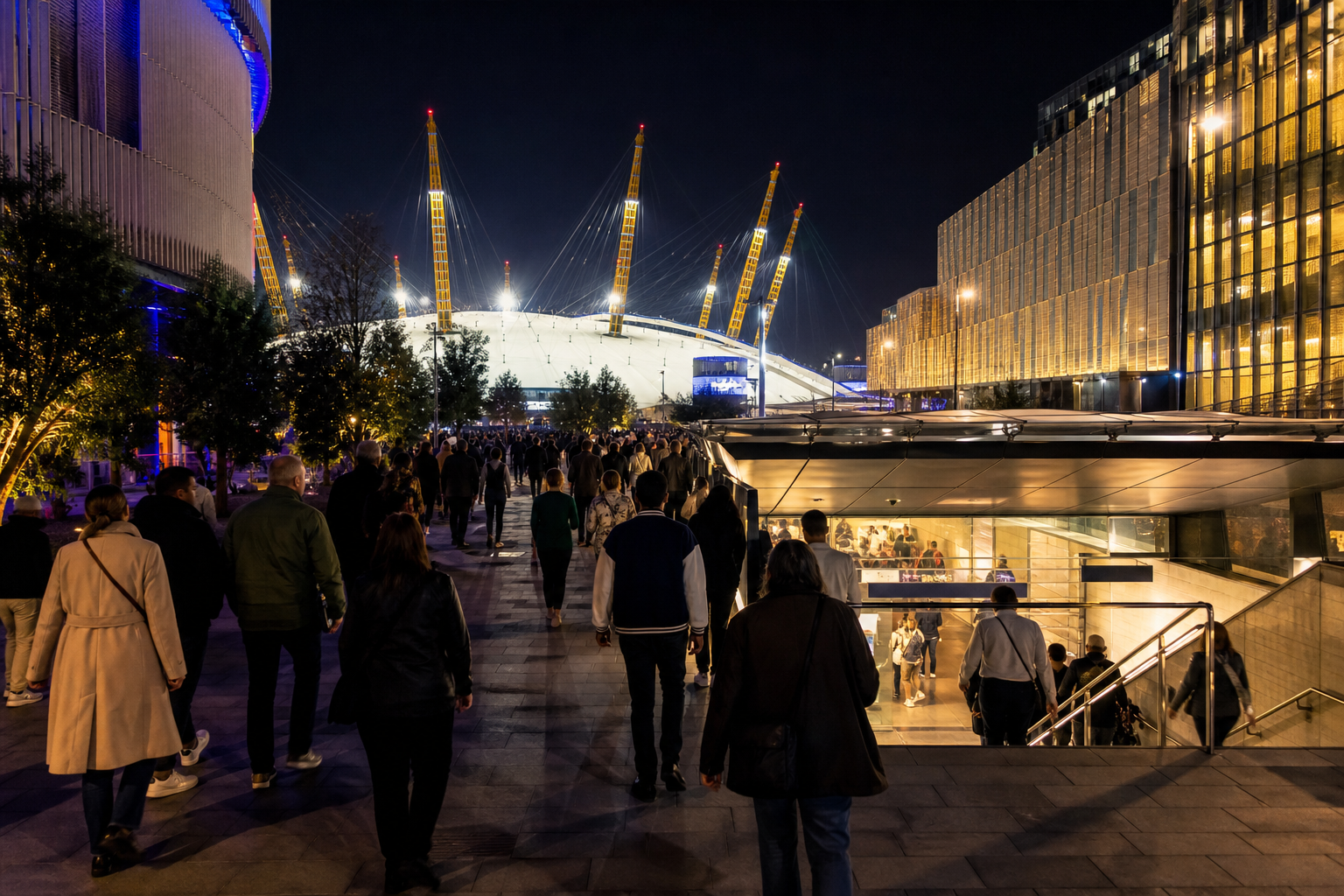 伦敦The O2演出结束后观众夜间走向North Greenwich地铁站