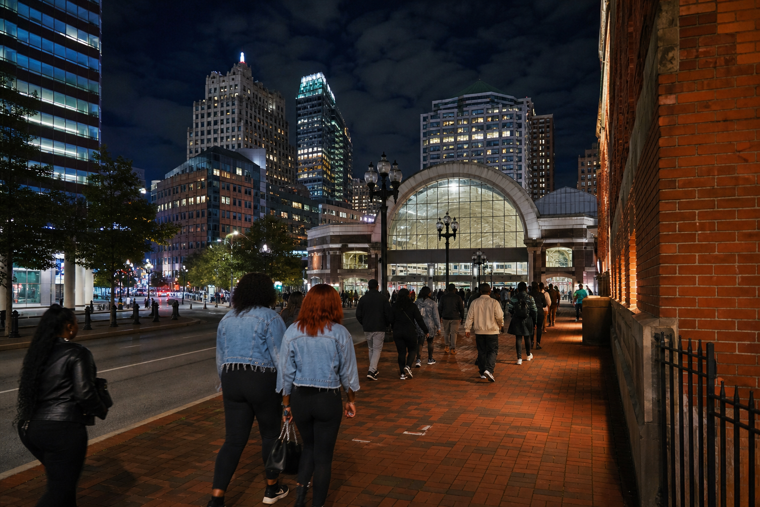 ニューアーク中心部でNewark Penn Stationへ向かう公演客の夜景