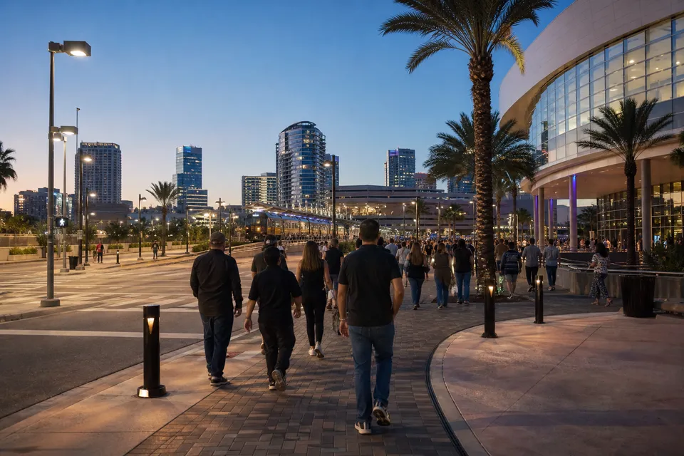 Concertgoers walking from a downtown Orlando arena toward Church Street commuter rail at night