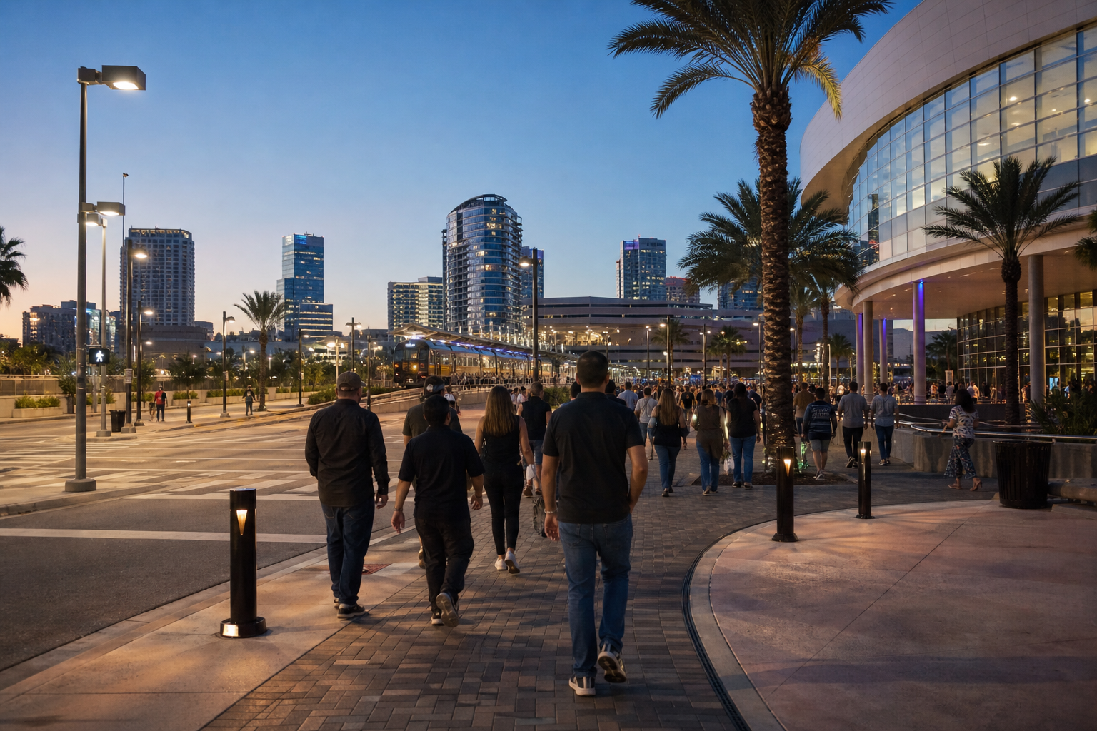Concertgoers walking from a downtown Orlando arena toward Church Street commuter rail at night