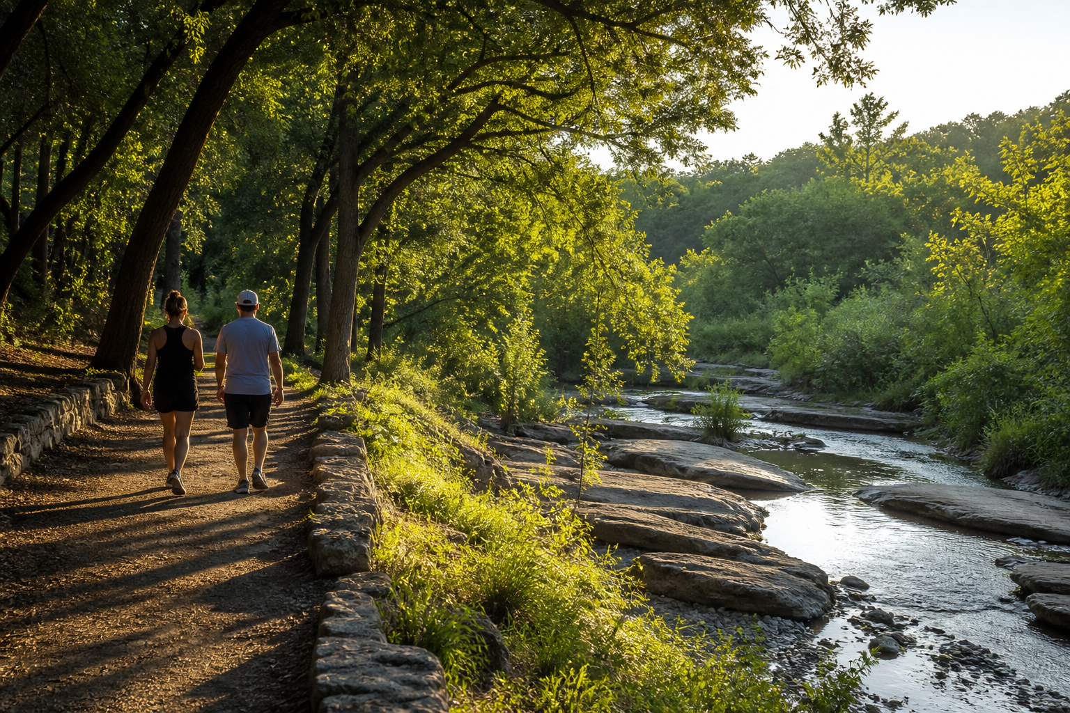 Travelers walking a shaded limestone creek trail in Cedar Park
