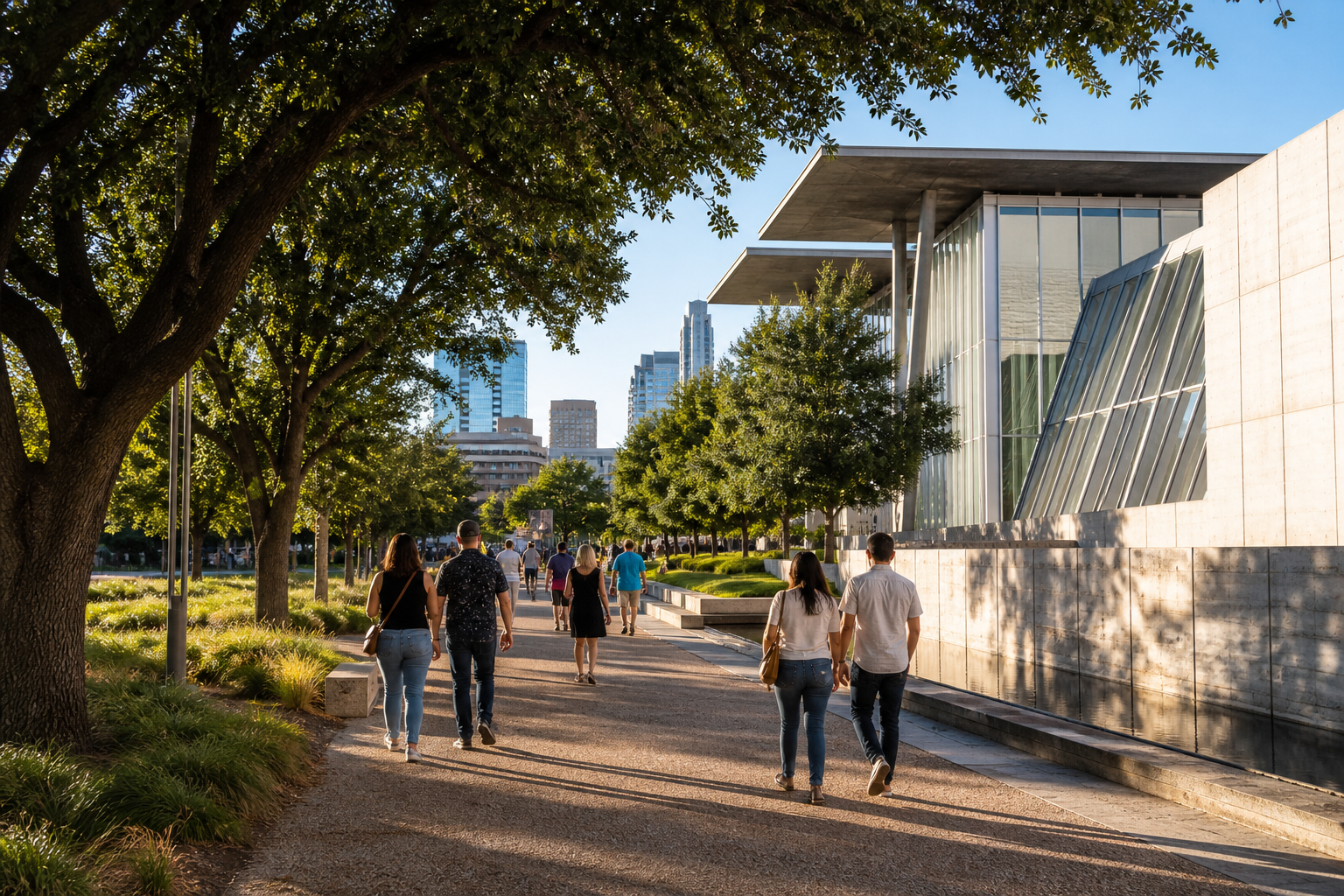 Travelers walking shaded paths among modern museums in Fort Worth Cultural District