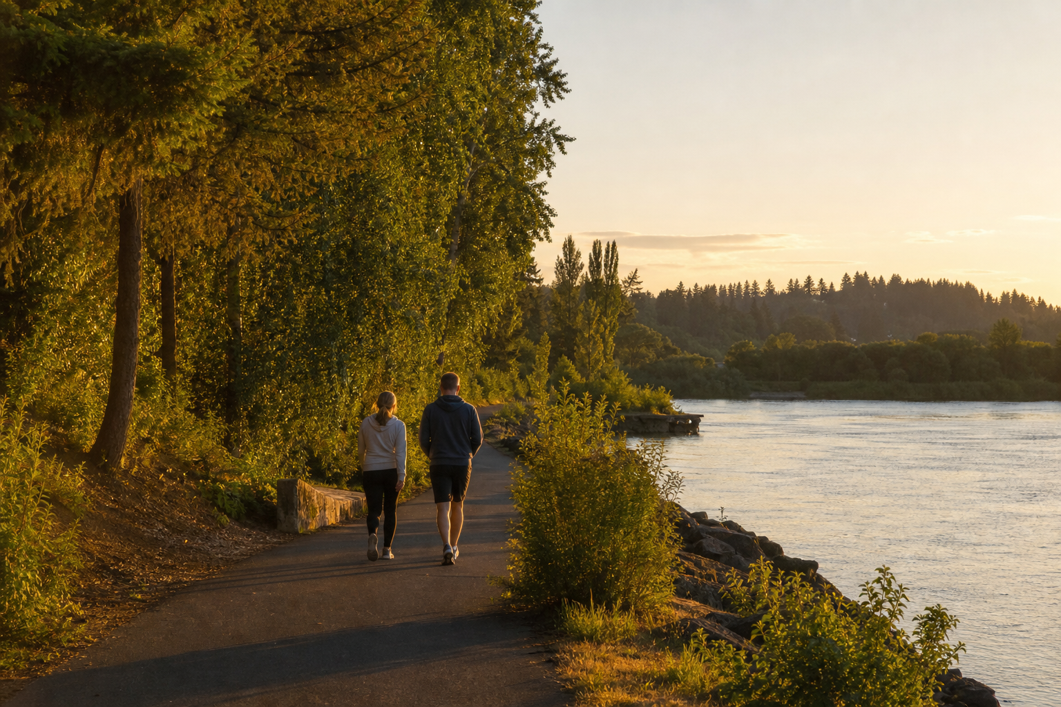 夕暮れのケントGreen River森林遊歩道を歩く旅行者