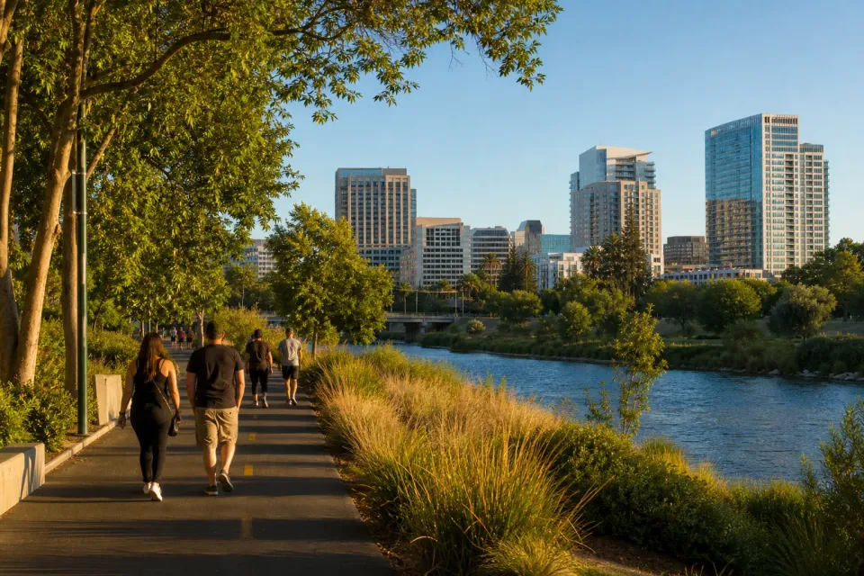 Travelers walking a river park trail beside downtown San Jose in late afternoon