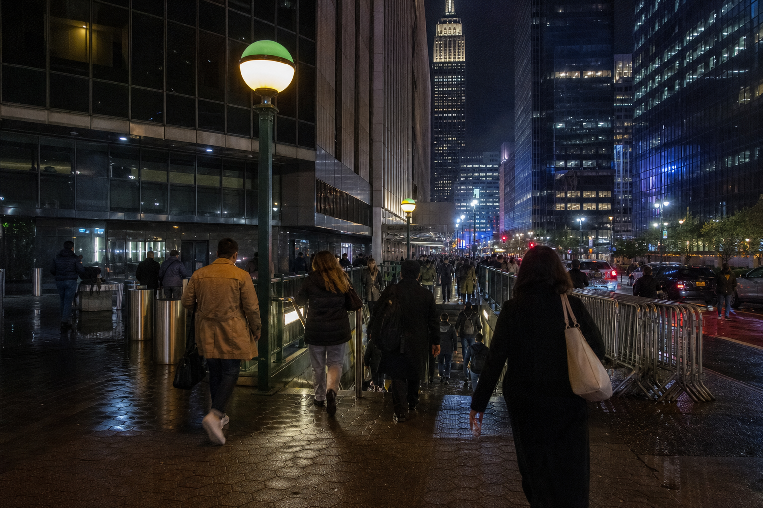 紐約Penn Station附近演出觀眾夜間走向地鐵入口的街景