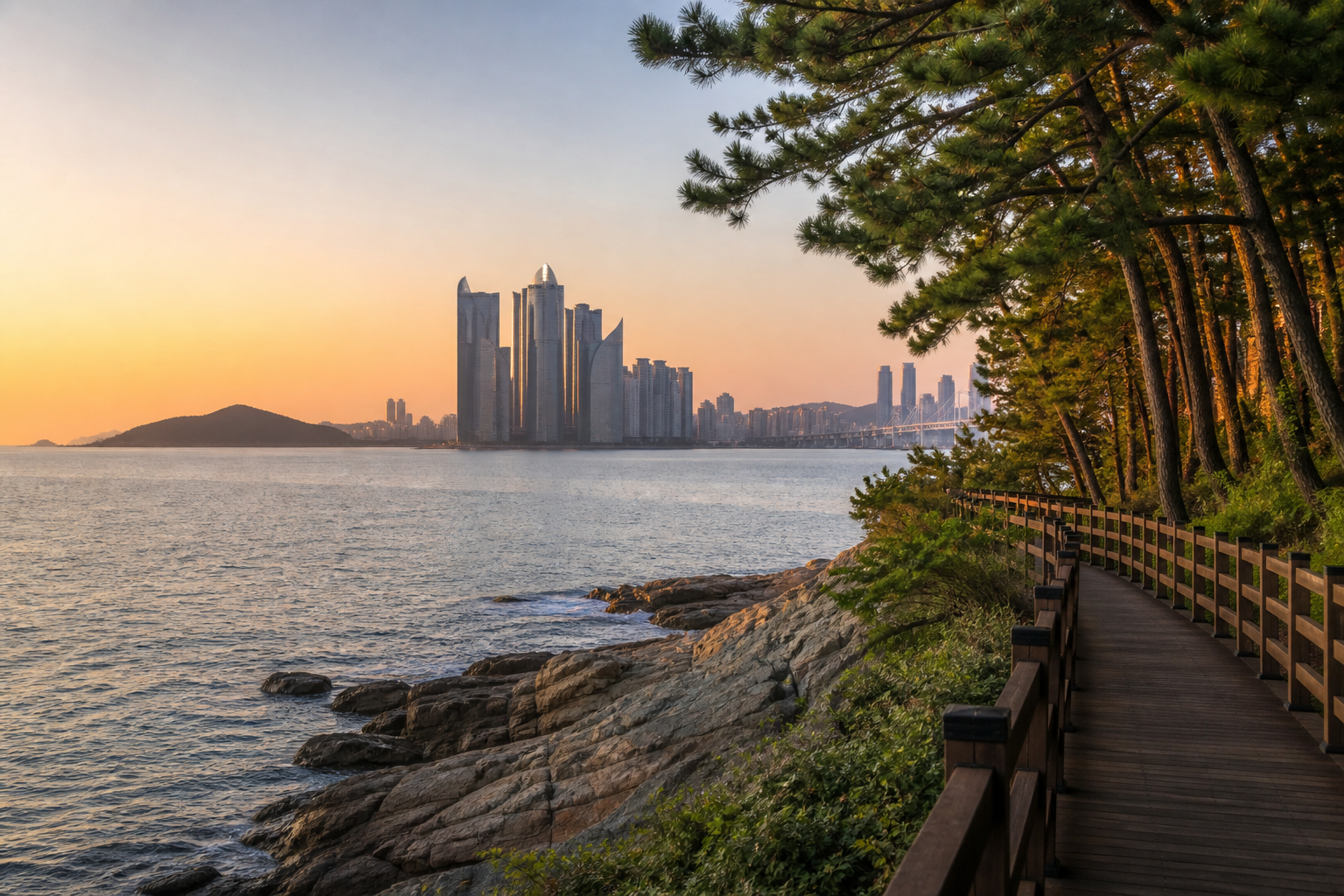 Dongbaekseom coastal path and Busan Marine City skyline near sunset
