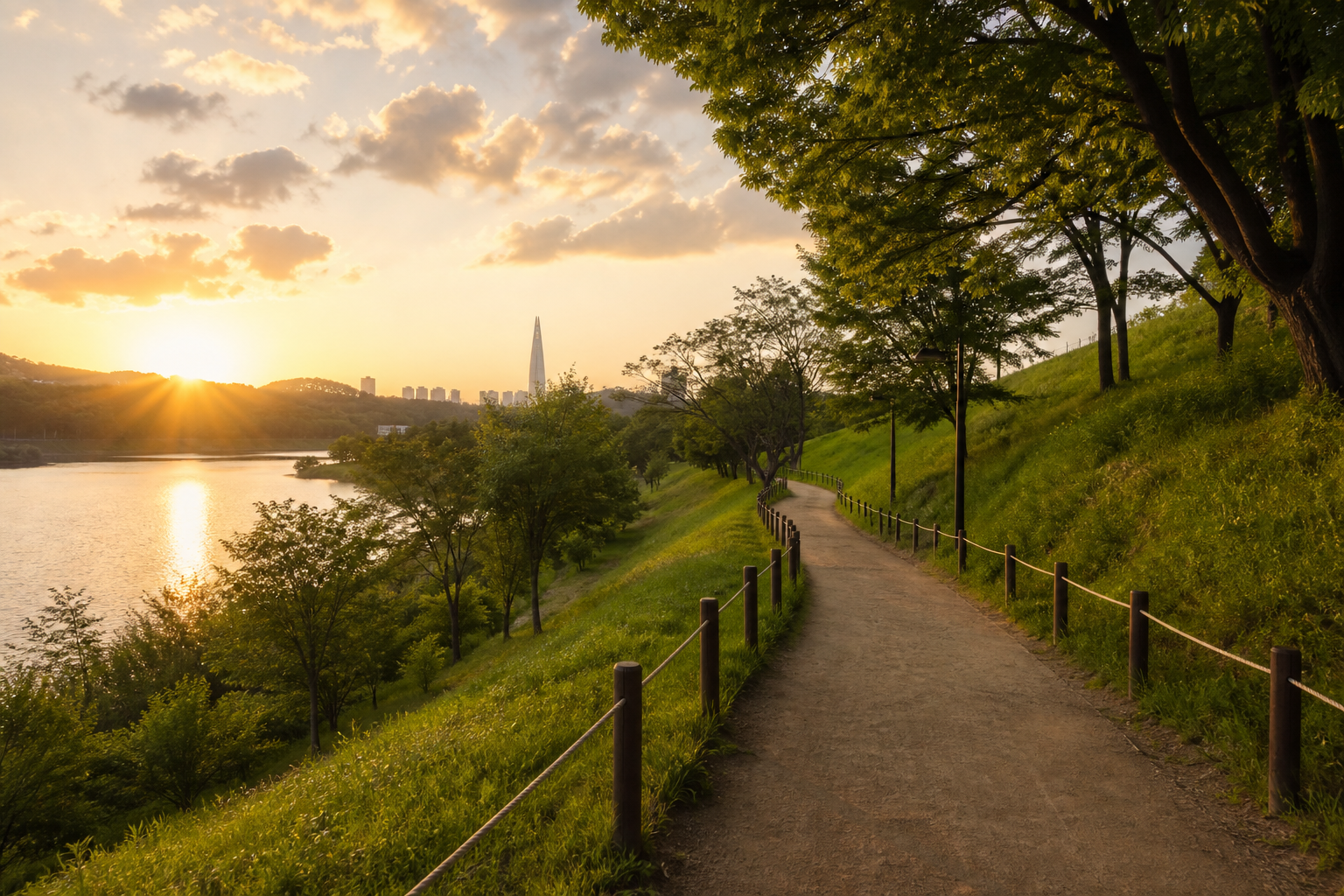 夕陽下奧林匹克公園夢村土城步道與湖景