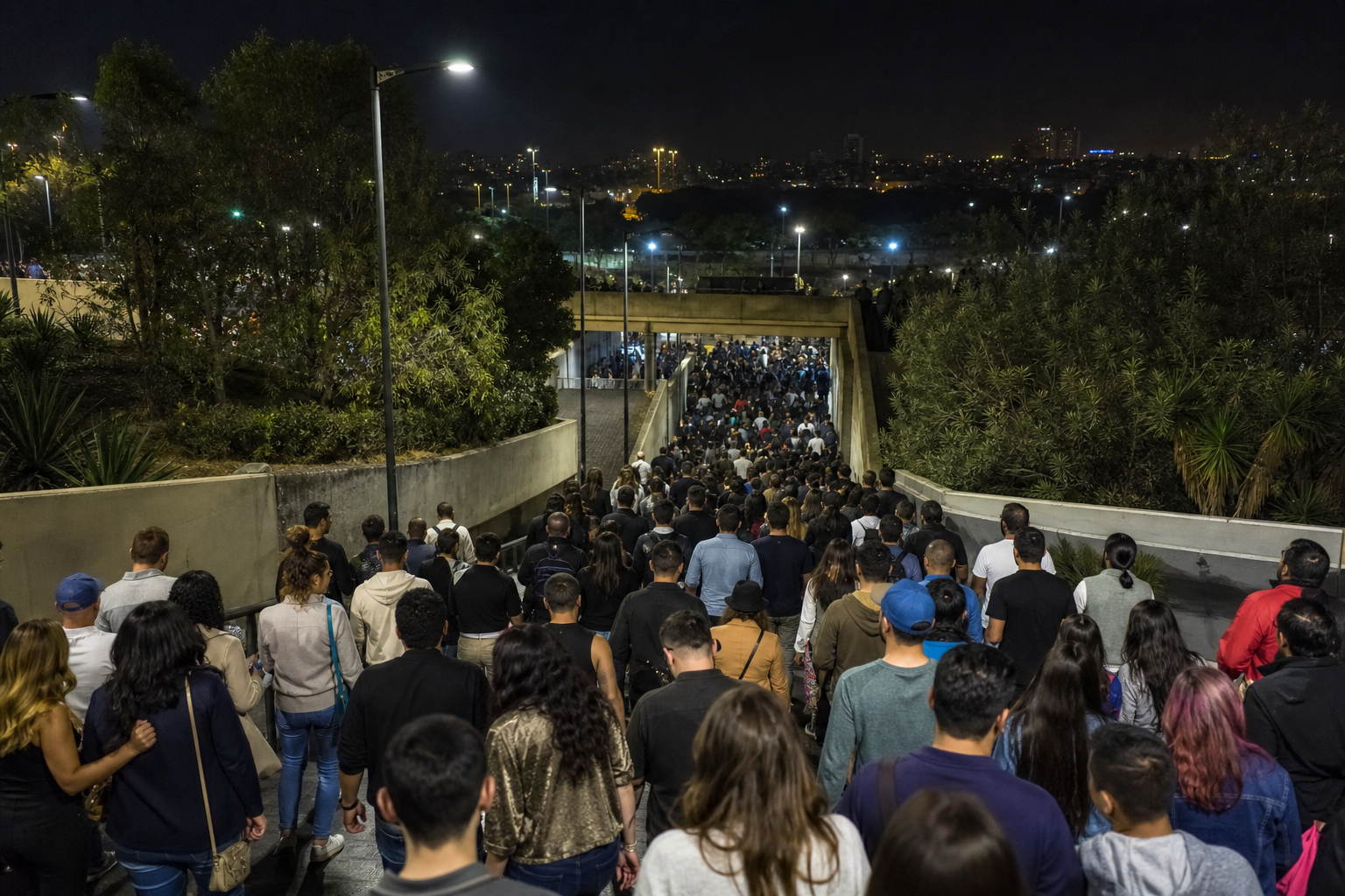 夜のメキシコシティのスタジアムからメトロ駅へ向かう観客