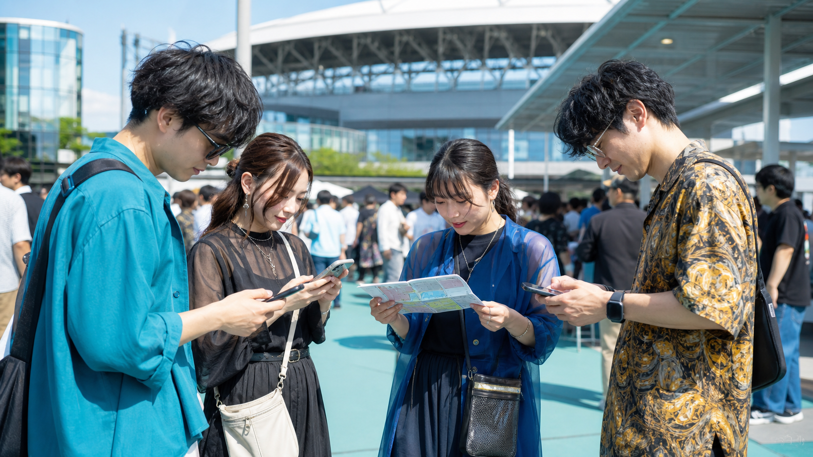 入場前にチケットと持ち物を確認する観客