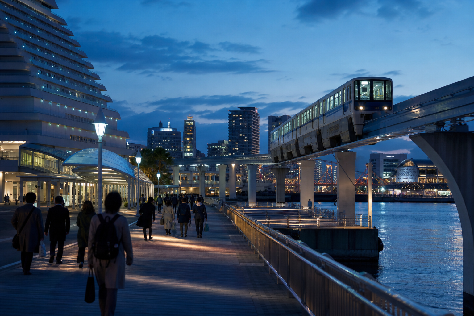 Concertgoers walking along Kobe Port Island toward the Port Liner after the TWS concert