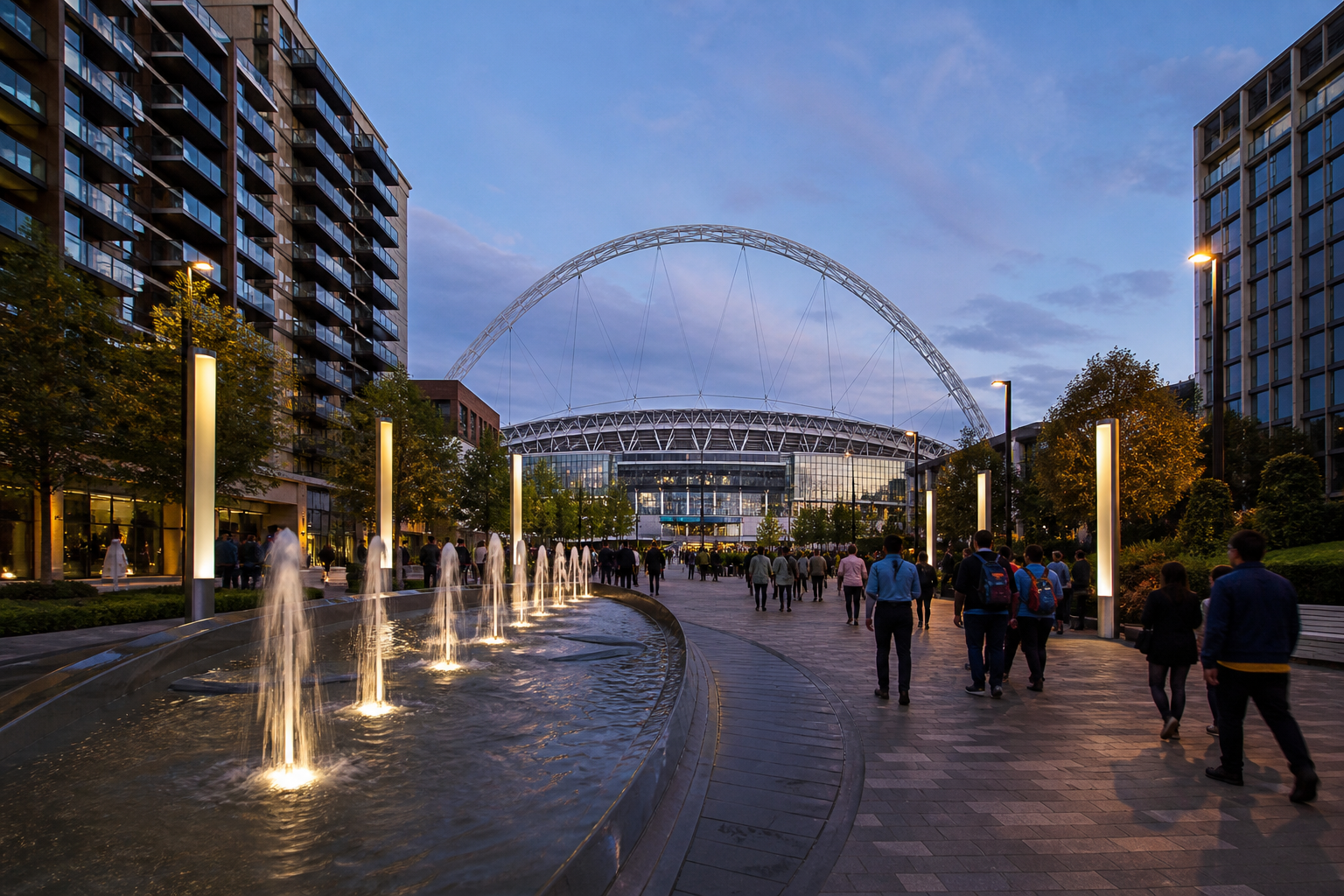 Travelers walking past fountains in Wembley Park at dusk toward the stadium arch