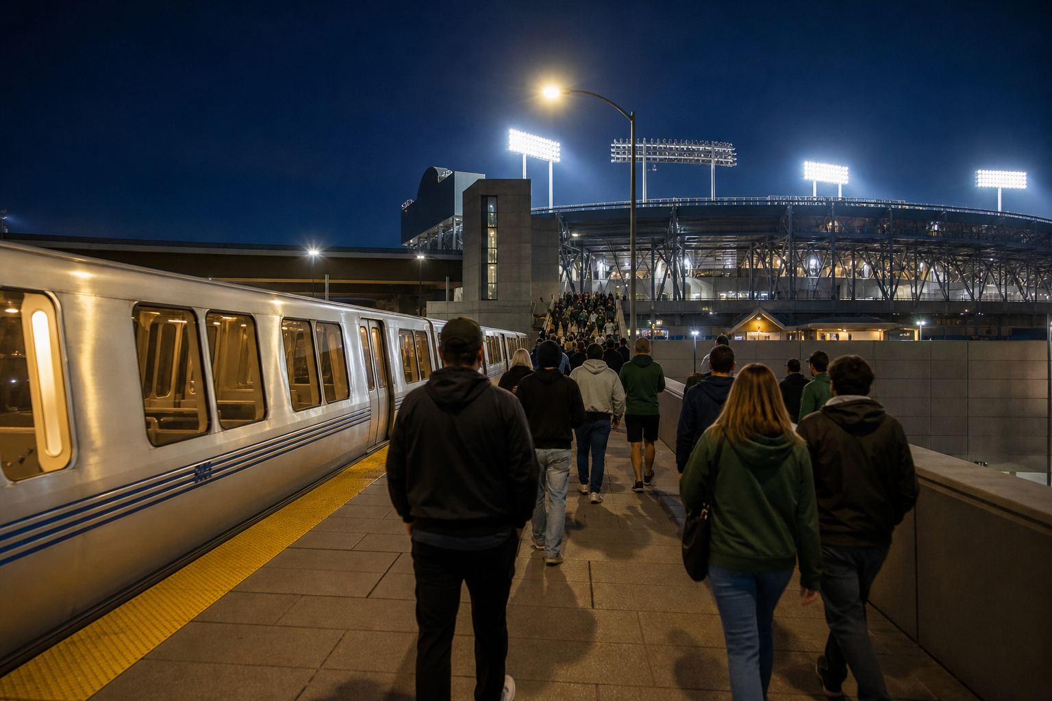 BART Coliseum駅から会場へ向かう夕方の動線