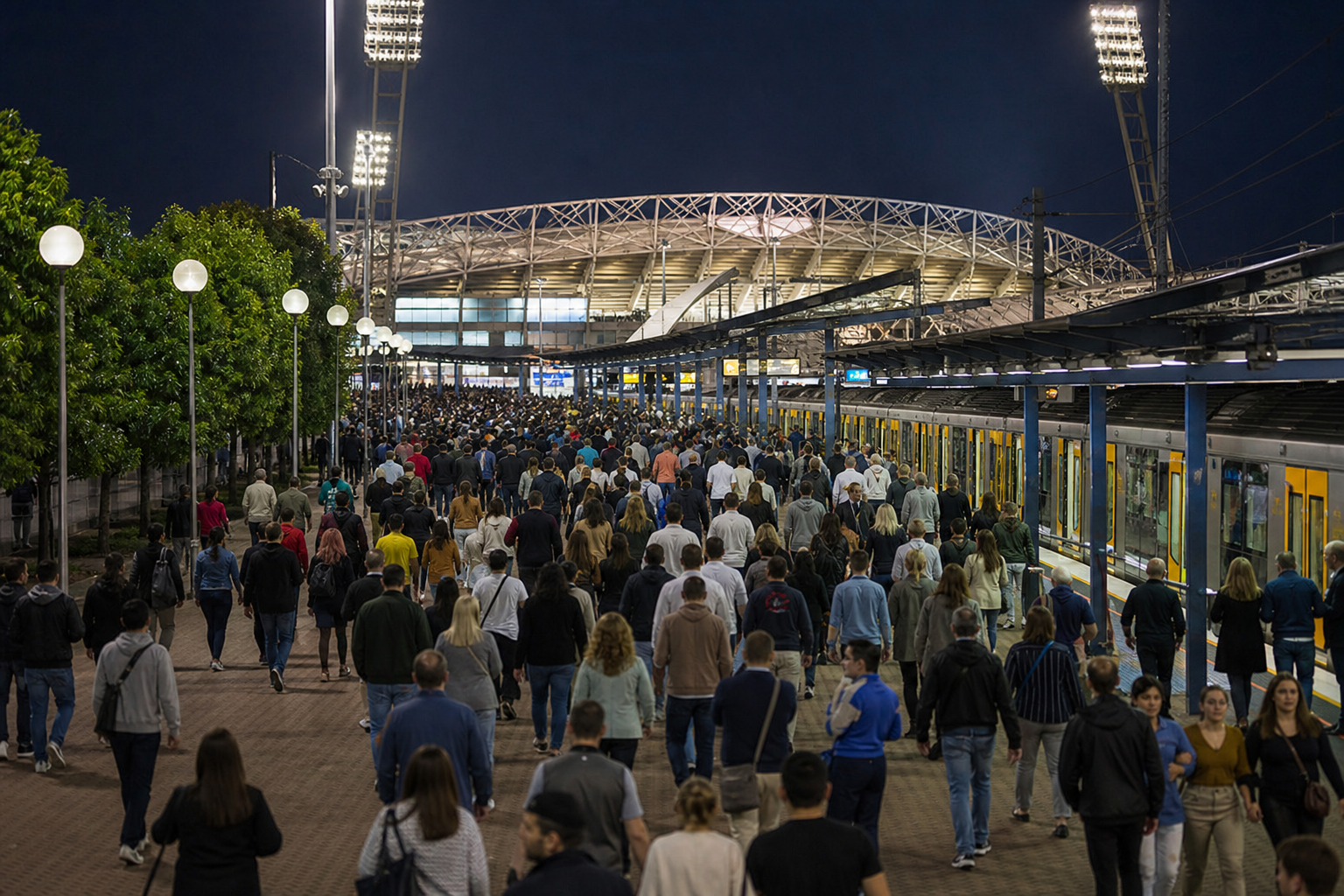 從Olympic Park站前往Accor Stadium的夜間人流路線