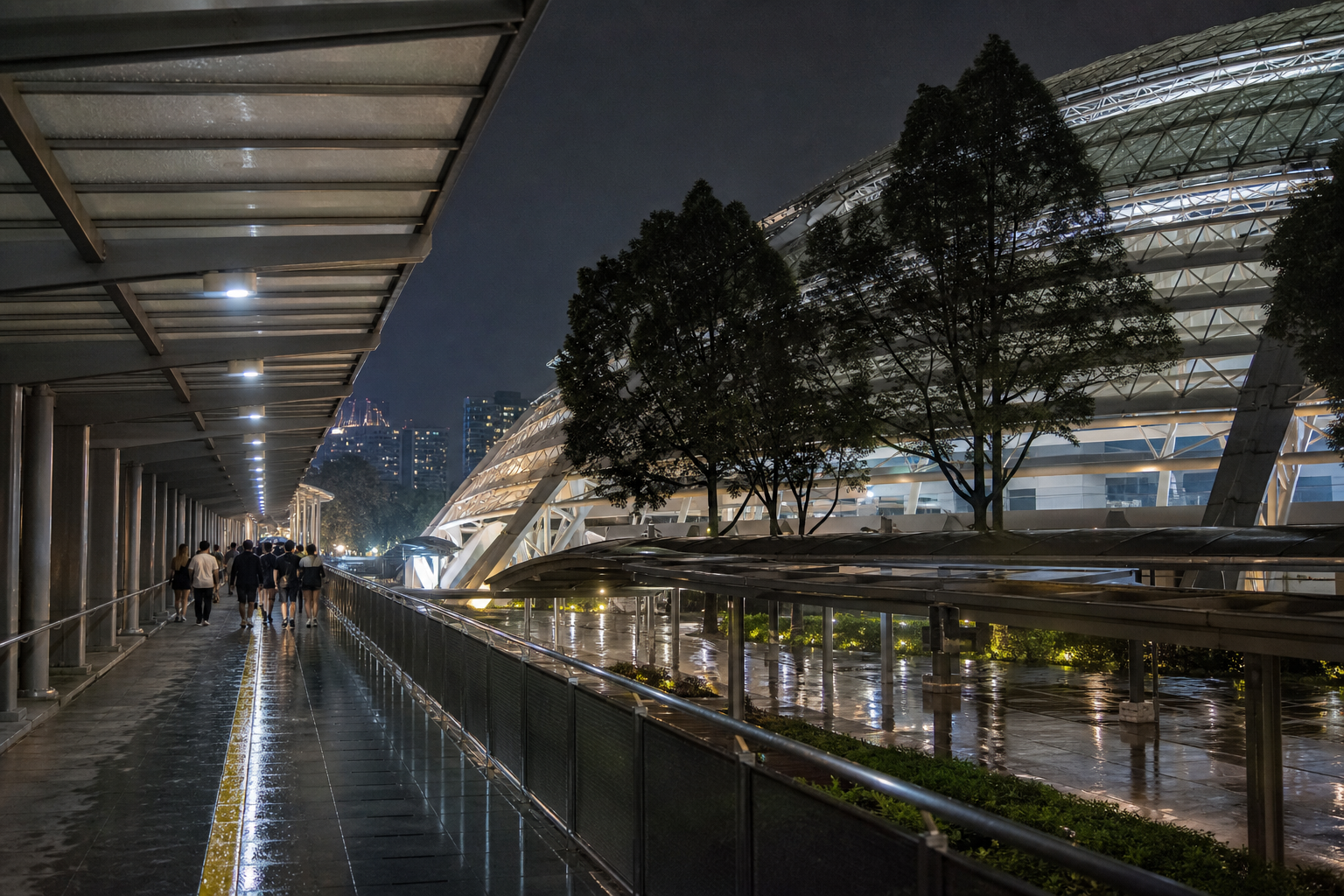Rain-ready sheltered route from Stadium MRT to the venue at night