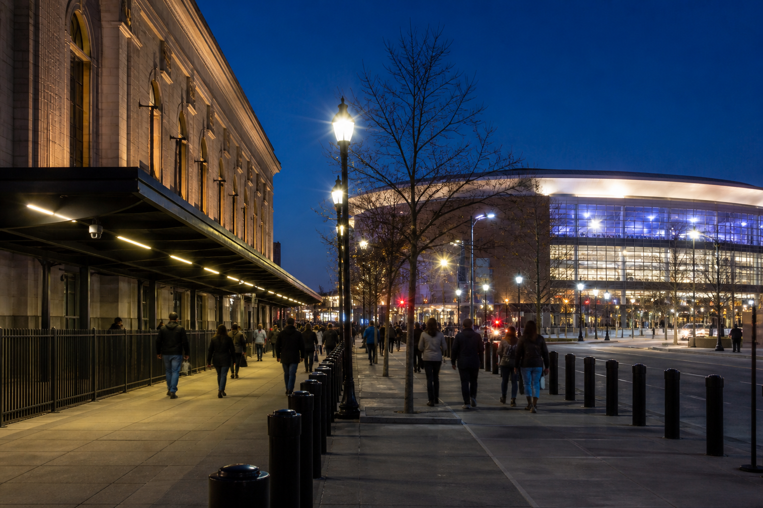 從Newark Penn Station通往場館的明亮夜間步道