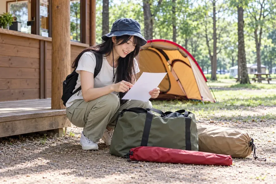 Travelers checking on-site pickup equipment in front of the campsite reception desk