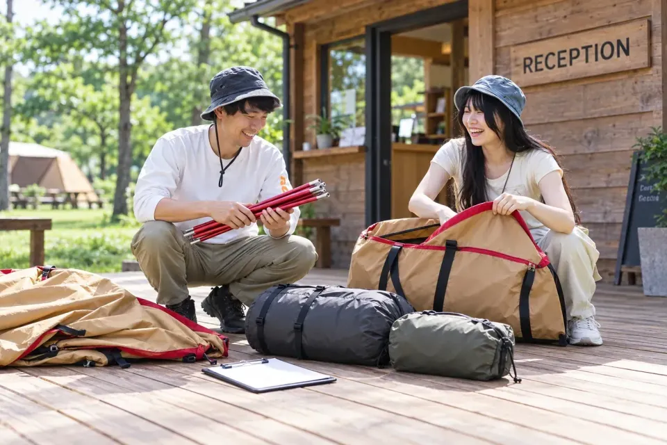Two travelers opening their gear bags and checking the contents list at the campsite.