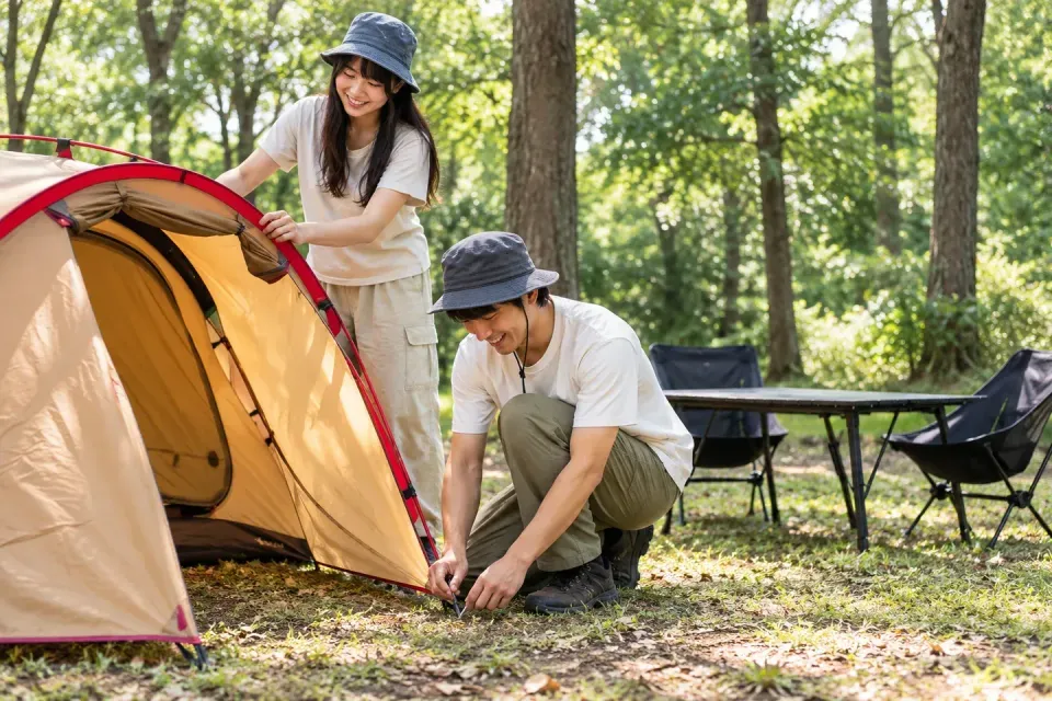Two travelers setting up a tent at a campsite