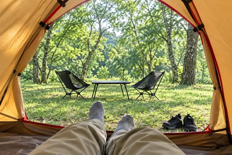 First-person camping view looking at the forest beyond the open entrance from inside the tent