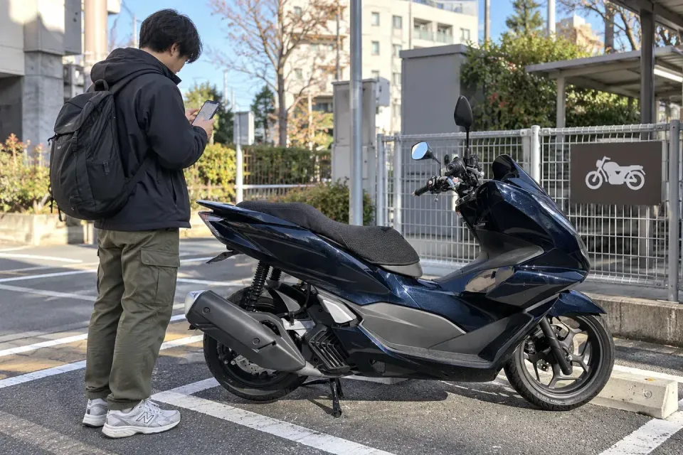 역 앞 무인 수령 장소에서 예약 안내를 확인하는 여행자