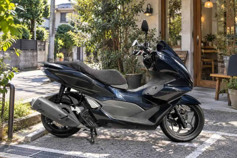 일본 동네 카페 옆 지정 주차 공간에 세워 둔 PCX125 이용 예시