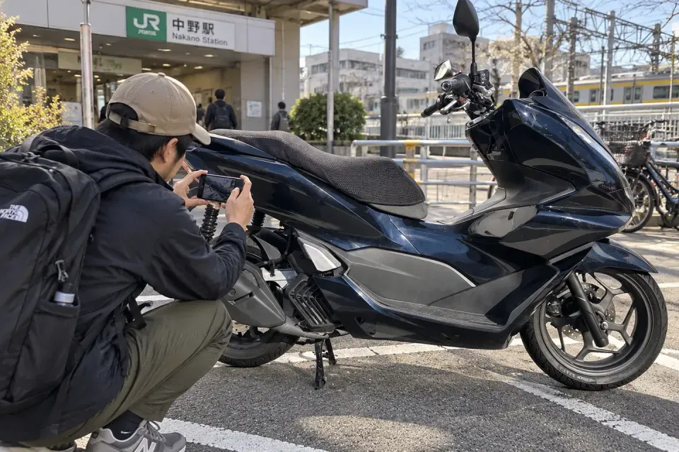 무인 수령한 PCX125의 외관을 휴대폰으로 확인하는 여행자