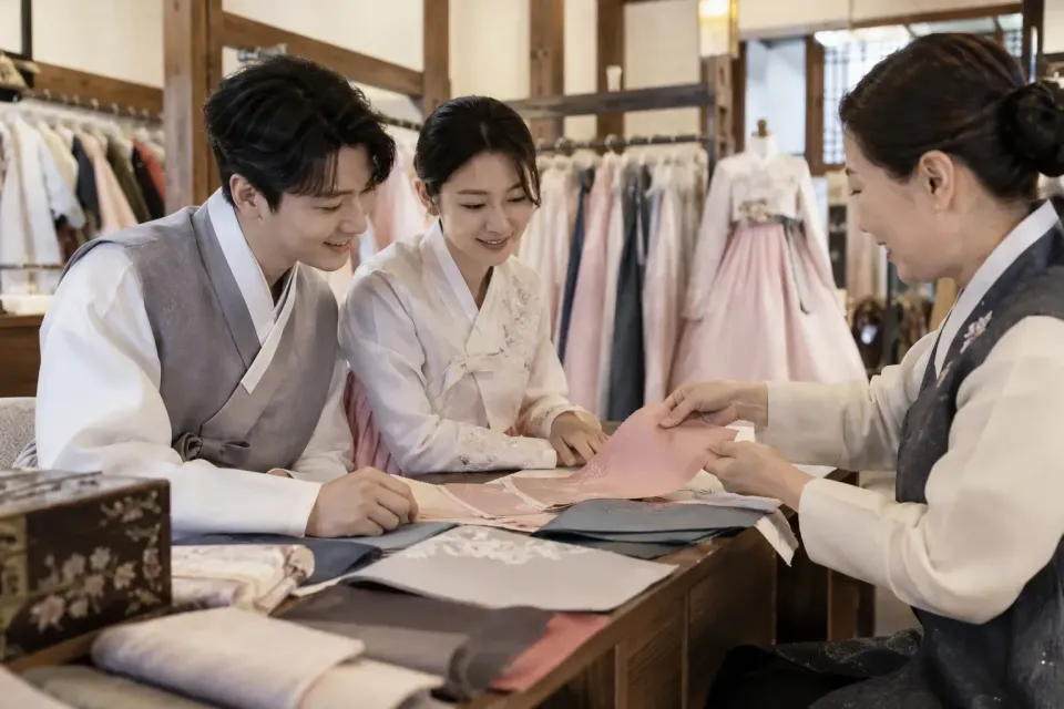 A couple choosing outfit colors together at a Hanbok store