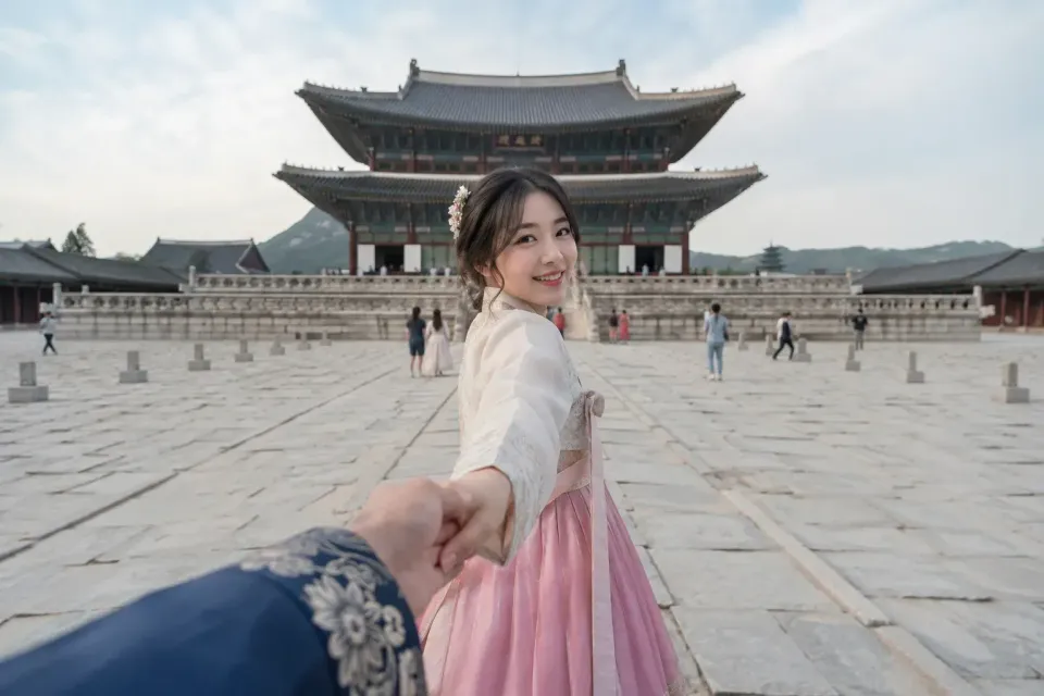 First-person scene of holding a companion's hand in the palace courtyard while wearing a Hanbok.
