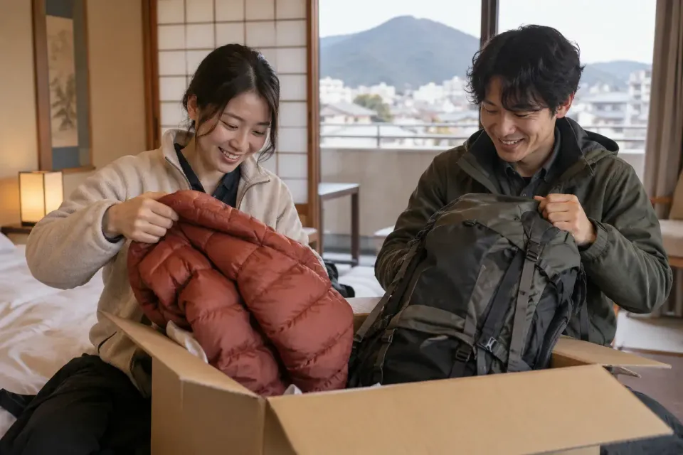 A traveler checking hiking gear and a down jacket delivered to the accommodation