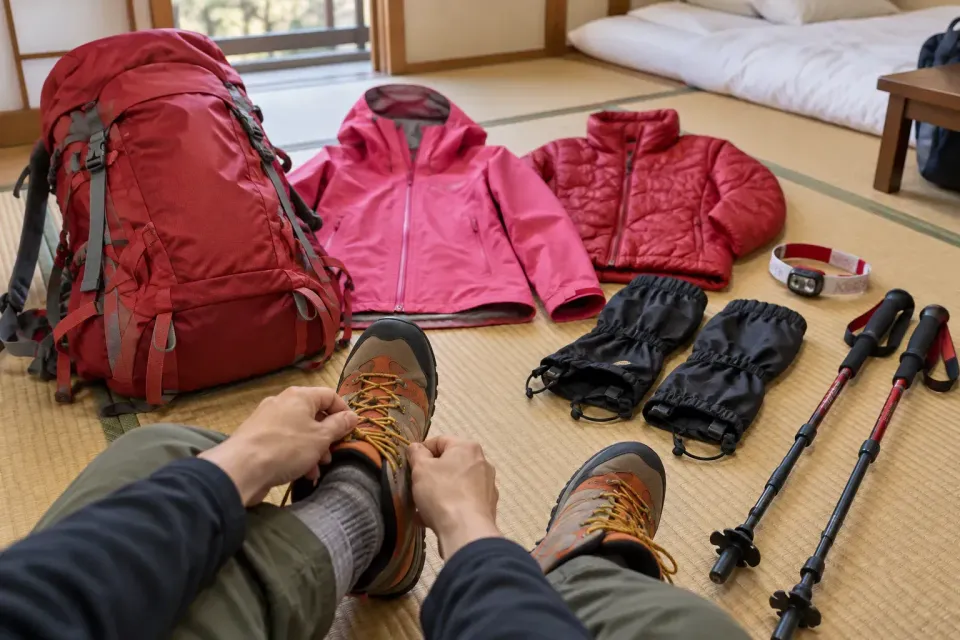 宿泊施設でレンタル登山とバックパックを確認する準備シーン