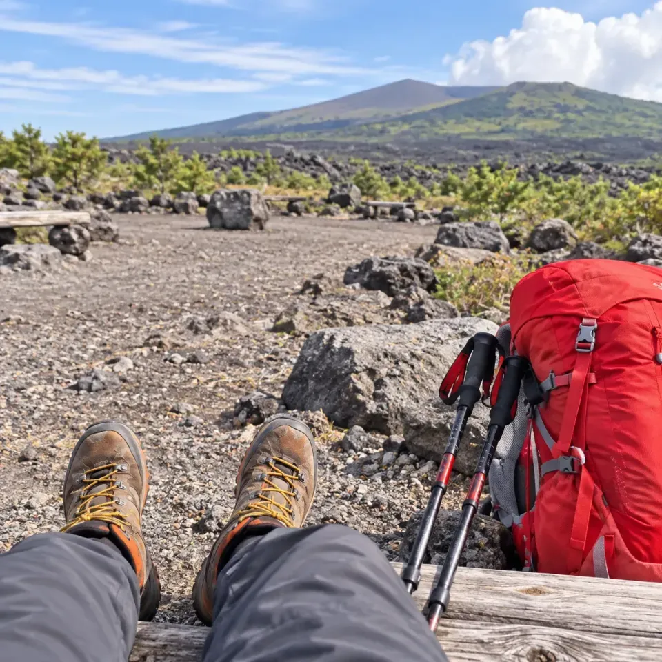 登山道休憩所でレンタル登山を眺める時点