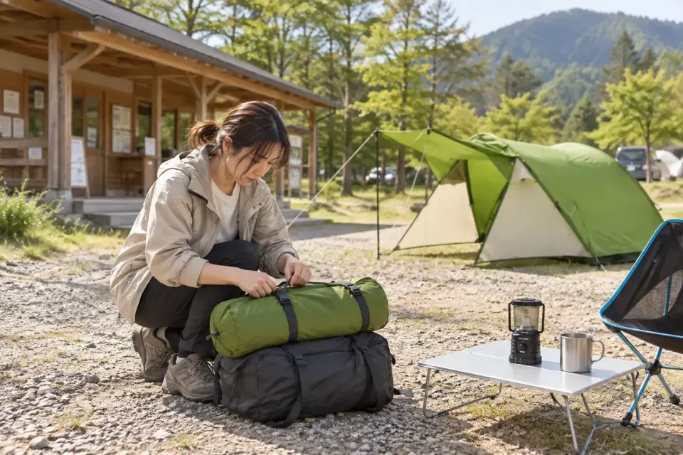 日本キャンプ場の受付で一人レンタル機器を確認する旅行者