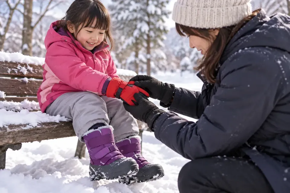 家长在孩子下雪玩耍前检查他们的手套和靴子。