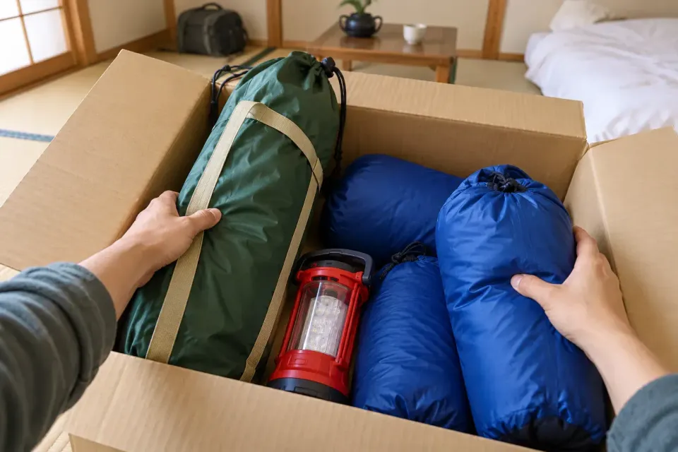 First-person view of checking the rental camping equipment delivered to the accommodation.
