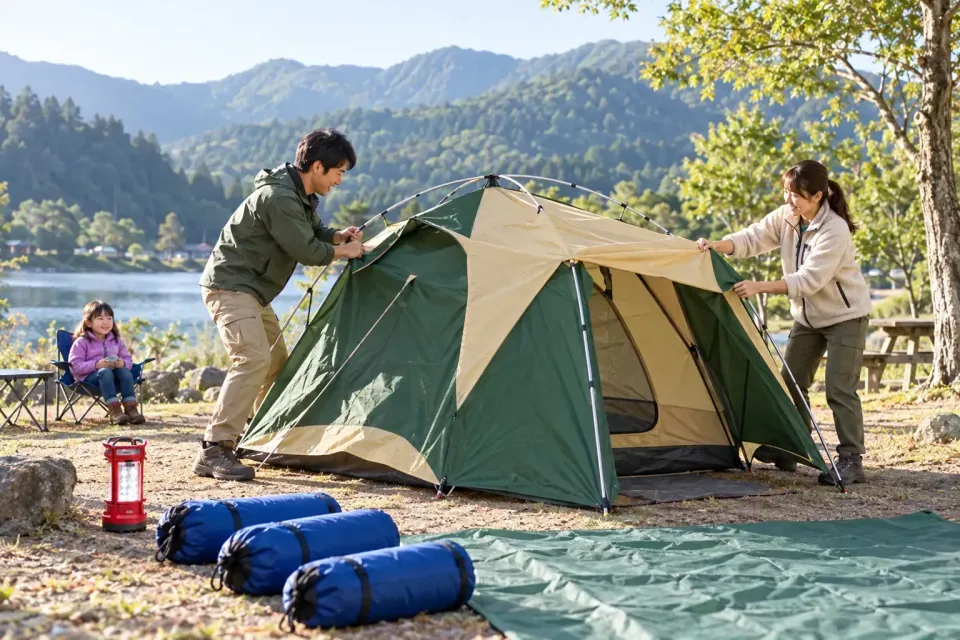 A family setting up a rental tent at a campsite