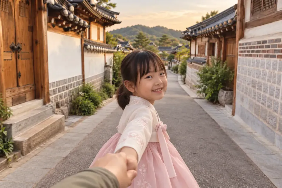 한옥마을에서 아이 손을 잡고 잠시 멈춘 부모의 1인칭 시점