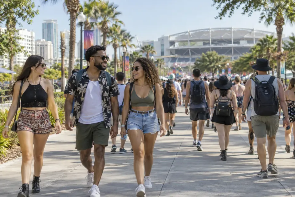 AI illustration of festival visitors walking along a palm-lined Orlando pavement