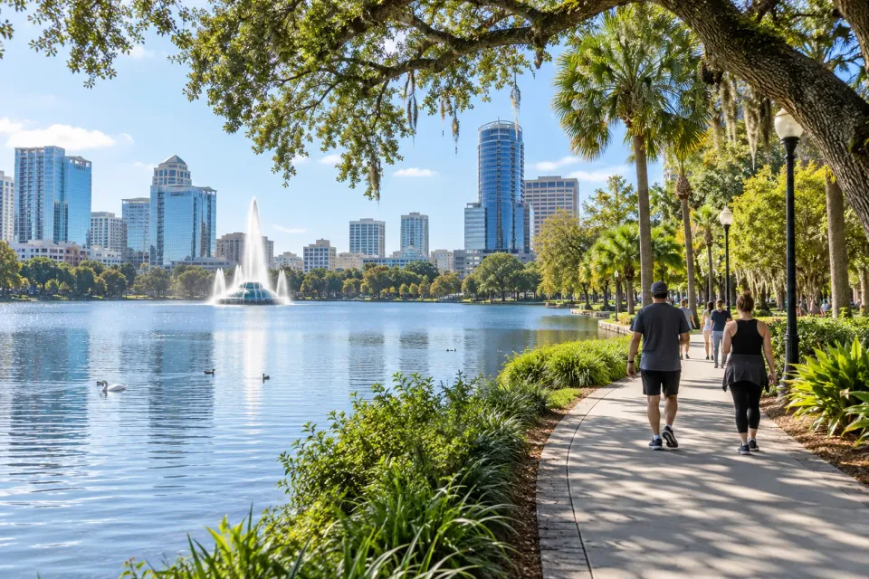 AI travel illustration of Lake Eola's fountain, lakeside path and downtown Orlando skyline