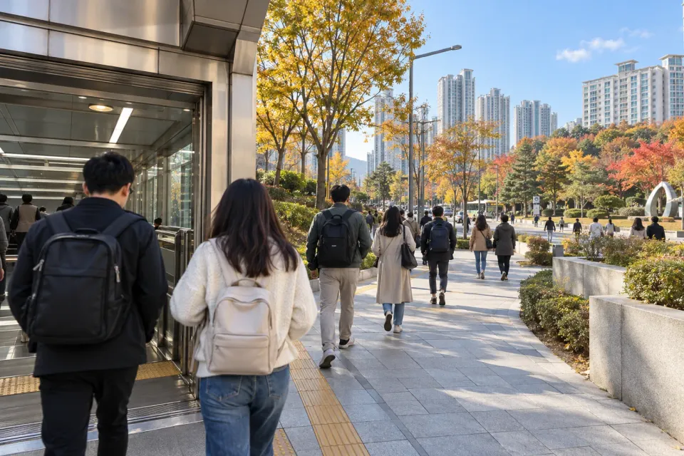AI illustration of visitors arriving by public transit for an indoor music festival in Incheon