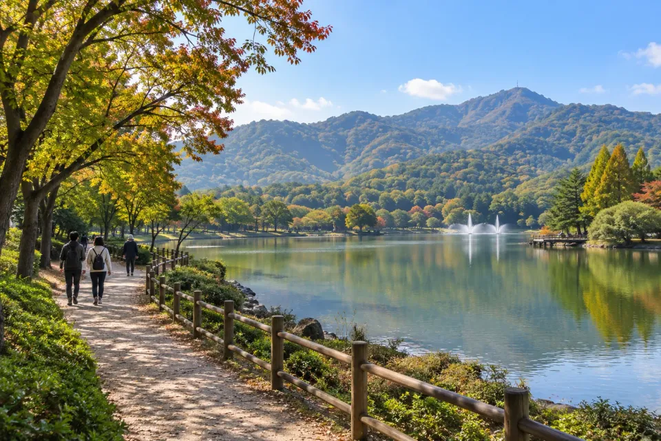 AI illustration of a lakeside walking path and wooded hills at Incheon Grand Park