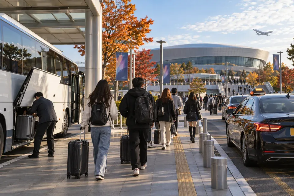 Illustrative shuttle and taxi arrival path toward an Incheon arena
