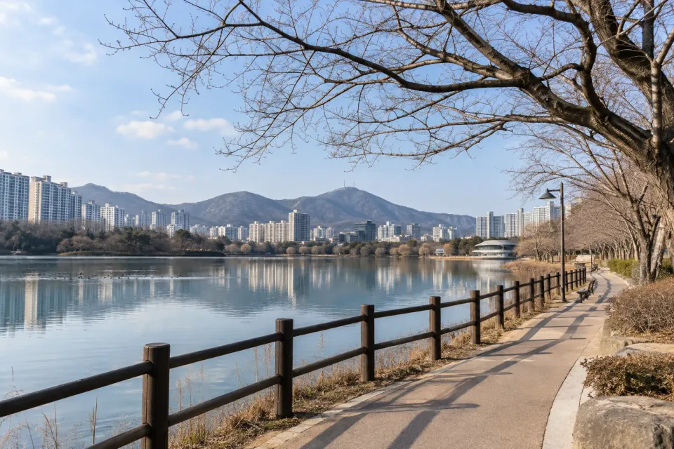 Winter lakeside travel scene inspired by Suseong Lake in Daegu